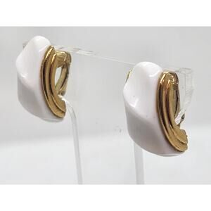 Vintage Earrings White White Half Hoop Classic Twist Lucite Clip On Gold Tone